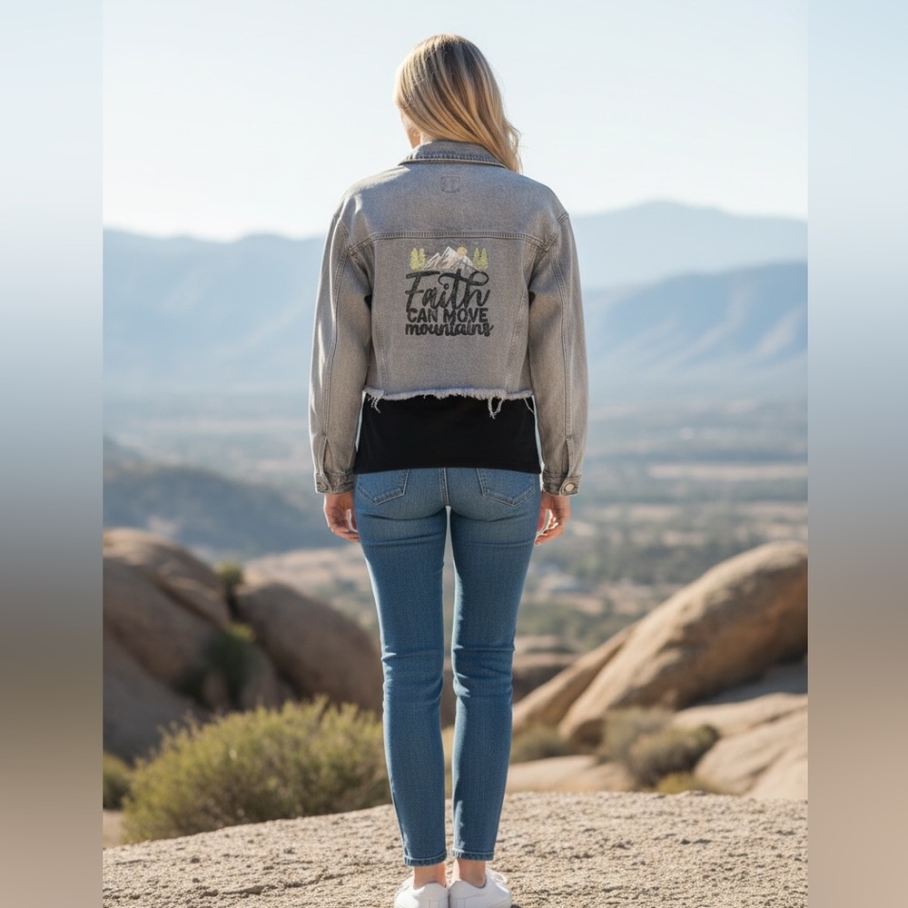 Upcycled wild fable Light Gray Cropped Jean Jacket with Hand Painted Design